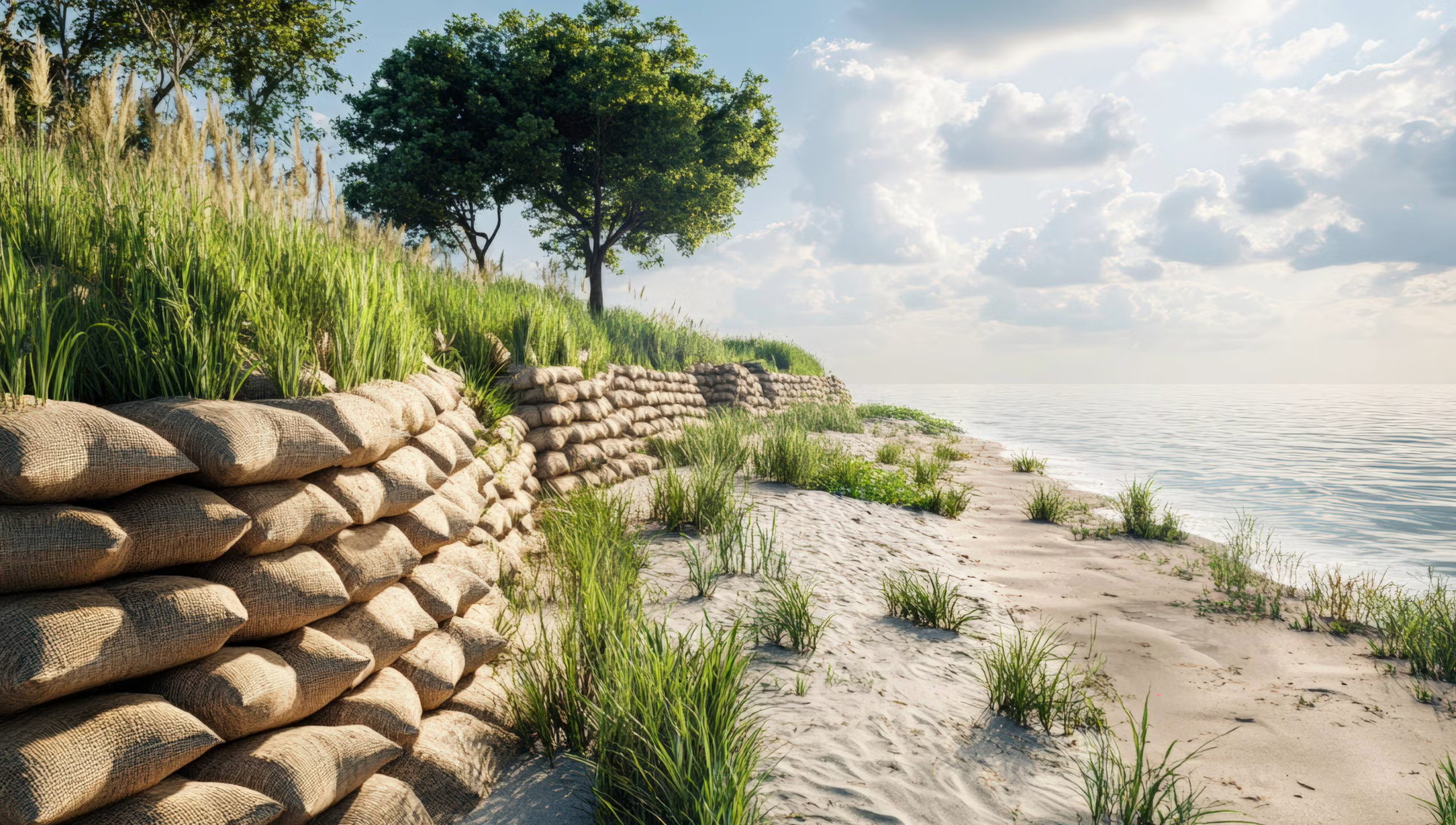 Eco-cement enhanced methods for beach erosion control and beach land restoration through soil accumulation